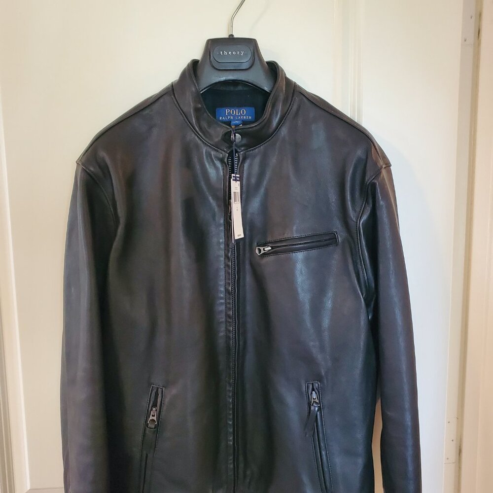 NWT Polo Ralph Lauren Men's Cafe Racer sheepskin leather jacket Polo Black Sz L - Picture 2 of 16